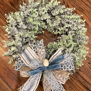 Decorative Green Boxwood Wreath with Blue Ribbon Bow